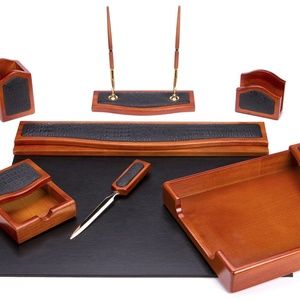 7 Pcs Brown Oak Wood W/Black Leather Desk Set